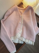 Lace Splicing Knit Cardiovert Women Spring 2022 New LAZY WIND STYLE Small Scent Wind Long Sleeve Sweater Jacket