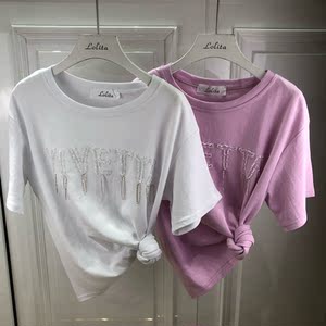 2018#Lolita Summer Korean version of the ins manual nail bead Short Sleeve T-Shirt Loose slim Round neck cotton Short Sleeve T-Shirt bhiner lolita fashion