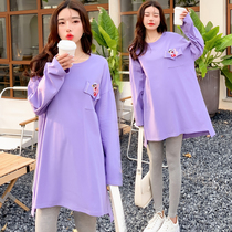 2022 Spring New pregnant women set loose casual long Korean cartoon T-shirt cotton top two-piece set