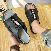 One-word drag male ins Youth Net Red mens sandals outside wearing summer flat Tide mens beach non-slip strap slippers