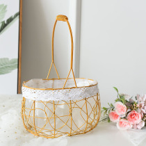 Golden portable flower basket Tassel lace oval basket Shopping basket Woven rattan woven Wrought iron mixed gift basket
