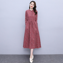 Four season Green womens new Hangzhou 2021 autumn floral cotton linen dress temperament age age waist slim skirt