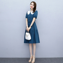Hangzhou four seasons green Suhang womens clothing 2021 summer large size waist cotton and hemp dress Small bubble sleeve skirt