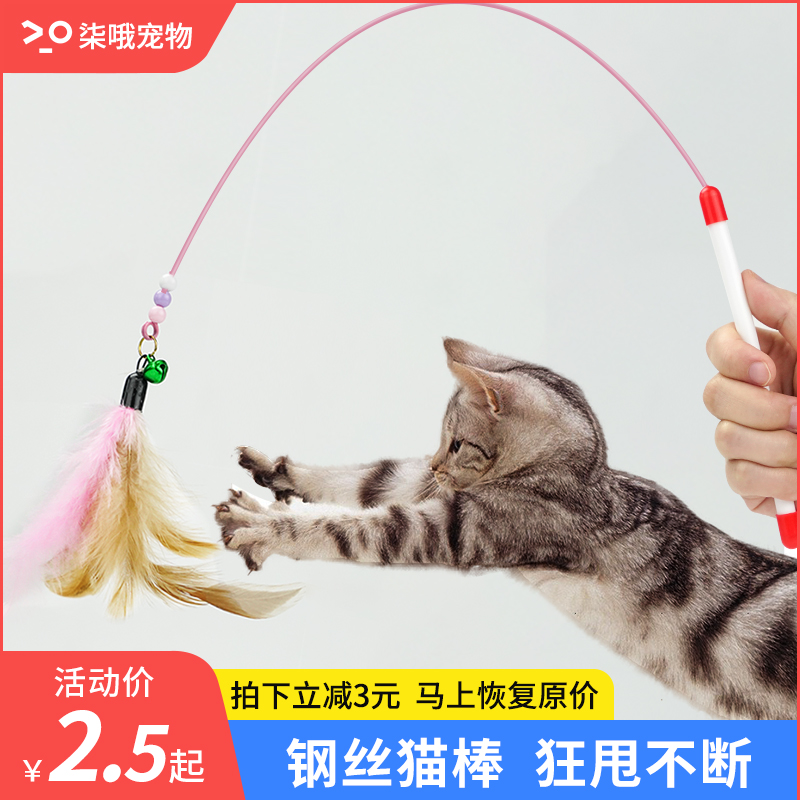 Cat teaser stick, cat toy, bell, feather, self relieving, cat teaser tool, bite resistant steel wire, long rod, automatic pet supplies