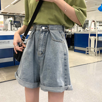 2021 New curled straight shorts plus size loose salt hot pants fat mm Joker high waist wide leg jeans women