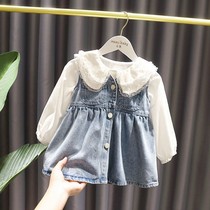 Girls Spring Clothes 2023 New Girls Baby Shirt Shirt Cowboy Dress Childrens Ocean Gas Two - piece tide