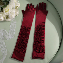 Korean version of the long satin bride etiquette gloves dance dinner performance with cloth satin pleated womens gloves