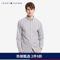 Tommy men Business fashion cotton small flag fine check lapel collar long sleeve comfortable shirt 15004