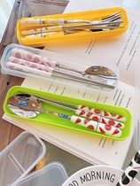 Ins stainless steel tableware chopsticks spoon set cute three-piece portable student fork one-person food storage box