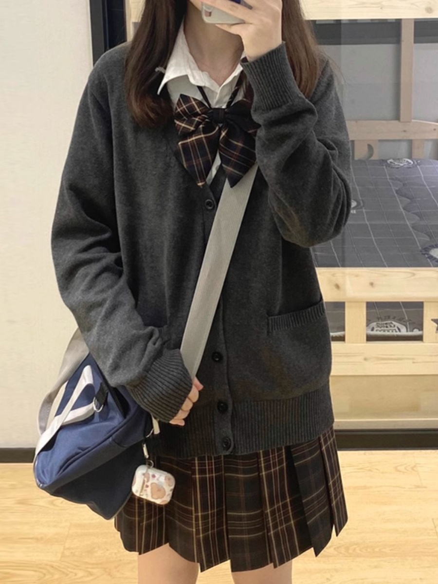 オリジナル JK セーターカーディガンコート女性初秋日本のカレッジスタイルの制服学用品感覚ダークグレー長袖ニットトップ