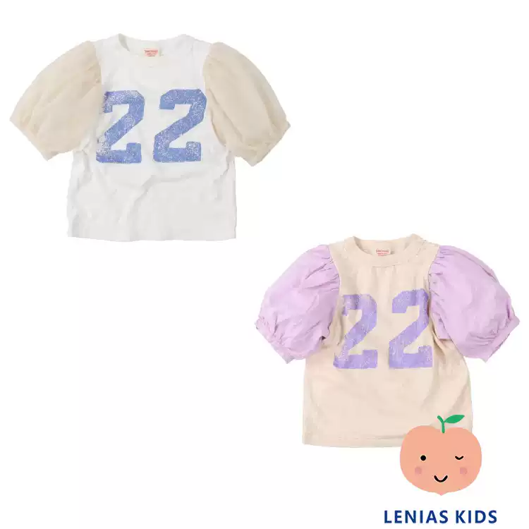 lenias LN家日本DENIM DUNGAREE22SS春夏新女童拼接泡泡袖T恤