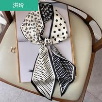 Small long silk scarf womens wild spring and autumn Western style streamers fashion narrow scarf hair band cashew long square scarf scarf
