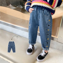 Girl Harynn Jeans 2022 Spring Dress New Middle Child Korean Version Summer Clothing Long Pants Children Loose Casual Pants