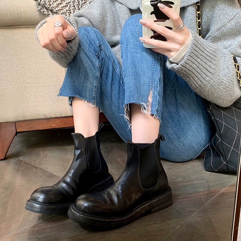 Cowhide version~Thick soled thick heel chimney elastic boots Chelsea short boots Women's genuine leather retro British style Martin boots
