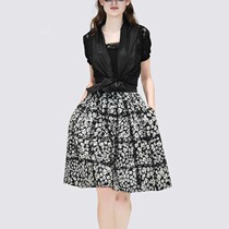 European and American style small fragrance fashion age-reducing suit womens summer new black top printed skirt two-piece set