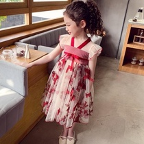  Summer new girl dress Childrens Chinese style embroidered Hanfu sundress girl mesh princess skirt