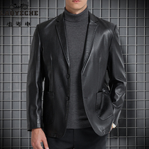Mens leather leather clothing autumn thin Haining casual suit collar leather jacket jacket middle-aged short leather jacket
