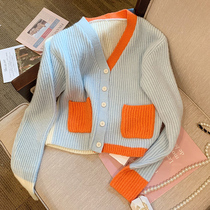 Collision Color V Collar Short sweater womens spring 2022 new sashimi design Sensation Small Crowdshirt Knit Jacket