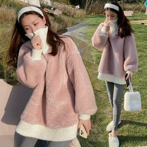 Pregnant women suit fashion autumn and winter Korean version loose Slim Plus velvet padded pink hipster lamb wool sweater