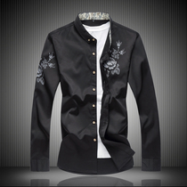 Spring and autumn men's Chinese style long sleeve shirt men's clothes flower plus fat plus size base shirt fat men's clothing