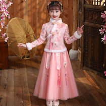 Hanfu girl Tang suit autumn and winter dress Chinese style children cheongsam girl plus velvet thick princess dress costume