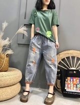 Breaking hole Capri pants women pants elastic waist large size covered meat thin summer new jeans personality 100 Retro