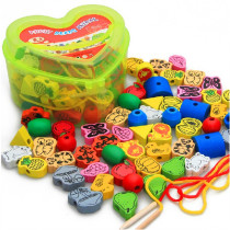 Wooden Heart-shaped String Beads Digital Animal Fruit Alphabet Strings Strings of Toys Kindergarten Children Teaching Aids