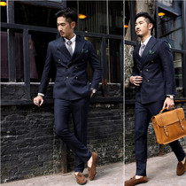  Double-breasted suit mens suit slim Korean version of the trend wedding groom British dress casual plus size mens suit