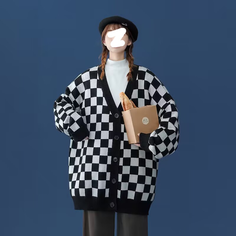 市松模様のニットカーディガン女性の秋冬の新作緩い大きいサイズコートセーター怠惰なスタイル V ネック