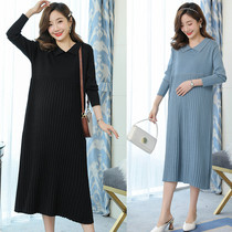 Pregnant women autumn and winter loose lapel pleated knitted sweater long fashion tide mom base shirt dress set