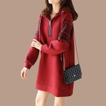 Hong Kong large size hooded long red dress women's spring and autumn new casual loose sports covered meat dress