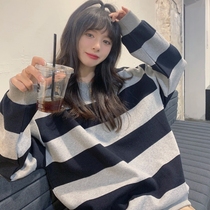 Pregnant women autumn and winter long-sleeved sweater wear loose round neck pullover striped top belly pants age reduction set
