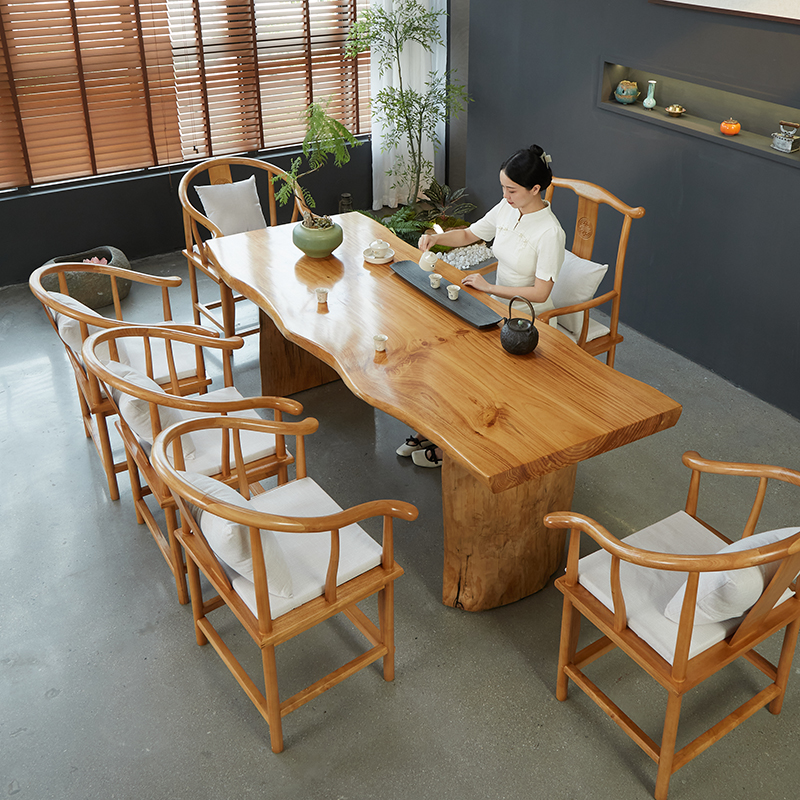 全板無垢材大板ティーテーブルと椅子の組み合わせシンプルなリビングルームティーテーブルログ新しい中国風のオフィスティーテーブル