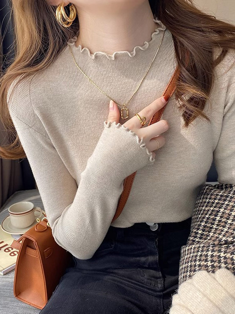 Foreigner style long sleeved bottomed sweater for women's autumn and winter 2023 new style with wooden ear edge half high neck sweater top