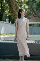 Limited-time taste design Republic of China Rotator cuff short sleeve broken shoulder girl placket full buckle long cheongsam embroidered smoke purple