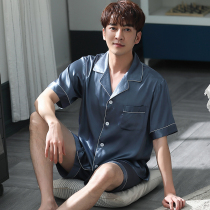 Pajamas mens summer short sleeves shorts thin ice silk imitation silk plus size mens loungewear set summer