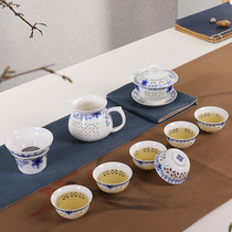 Blue and white porcelain exquisite tea set honeycomb hollow ceramic kung fu tea set Crystal honeycomb teapot tea cup lid Bowl set