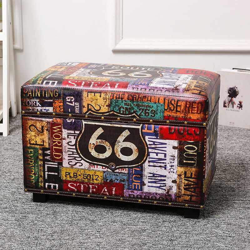 European retro storage stool home living room storage wooden box door change shoes stool multi-functional sofa leather can sit