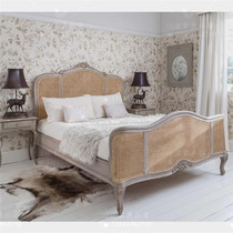 French solid wood carved double rattan art bed American retro simple old double rattan wedding bed