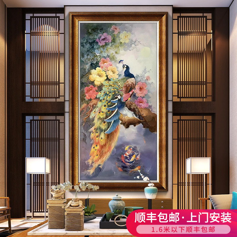 New Chinese pure hand-painted vertical oil painting peacock porch corridor decorative painting Peony fresco Koi hanging picture