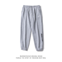 悟空 In stock tide brand letter printing plus velvet sports pants mens hip-hop loose cotton all-match drawstring casual pants