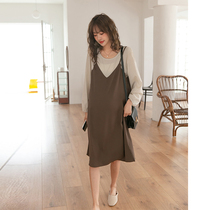 Gentle line ~ maternity dress summer Korean fashion large size sling V collar fake two pieces chiffon dress Autumn Tide mom