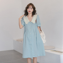 Fresh and gentle style ~ maternity dress summer Korean fashion dress doll collar thin plaid A- line dress lactation dress