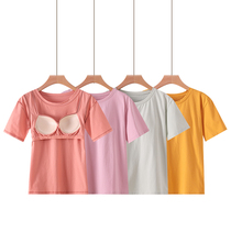 Womens summer with chest pad short-sleeved ice porcelain cotton summer loose pajamas Korean version of pure cotton home clothes free bra can be worn outside