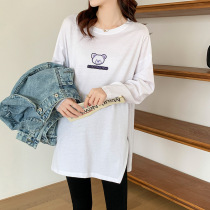 Pregnant womens cotton long sleeve T-shirt womens spring and autumn loose medium-length split Joker Yalong interior top to go out base shirt