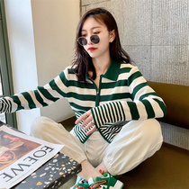 Leaf Miss (striped POLO shirt) knit zipper cardiovert woman short style Loose Flap Sweater Little Crowdcoat
