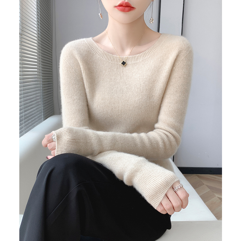 Ordos Autumn and Winter New Woolen Sweater Women's Round Neck 100 Pure Wool Slim Fit Sweater Bottom Knit