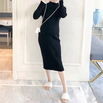 Pregnant womens base sweater womens long autumn and winter wear half high collar thick slim fit Joker black knitted dress tide