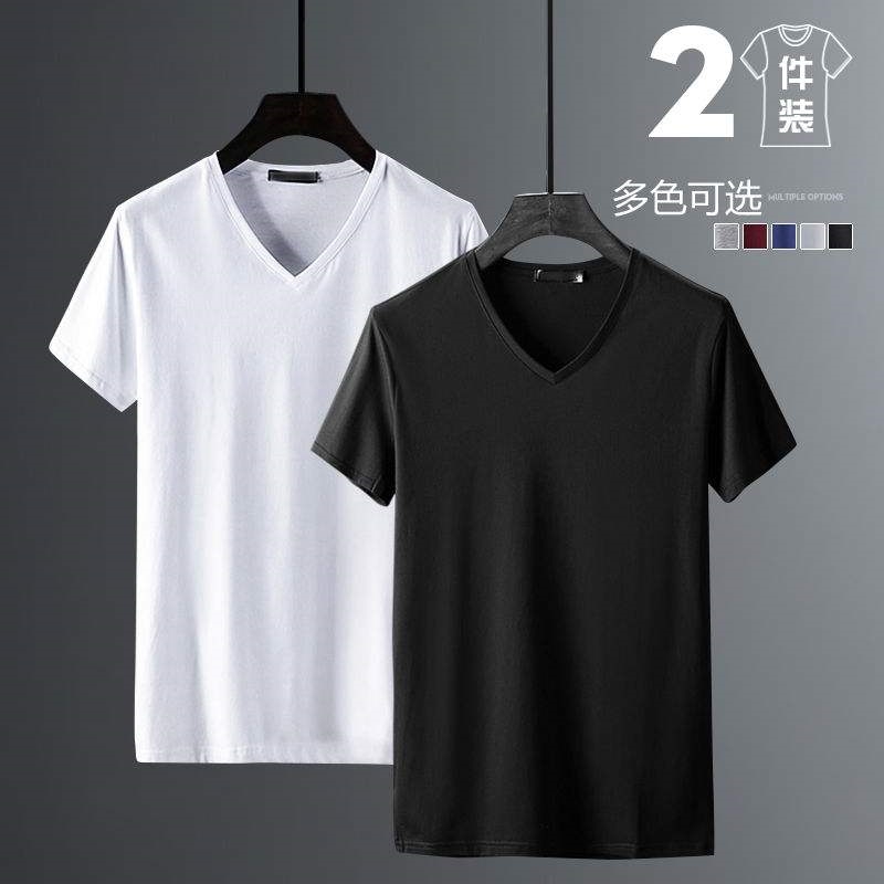 2枚】モダールVネック半袖Tシャツメンズ純綿白ボトムシャツトレンディな半袖Tシャツ夏の新しいスタイル