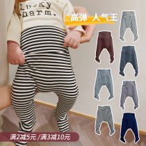 Allow baby boy child spring autumn newborn baby pure cotton high waist and belly protection pants baby elastic bag foot with underpants to wear out